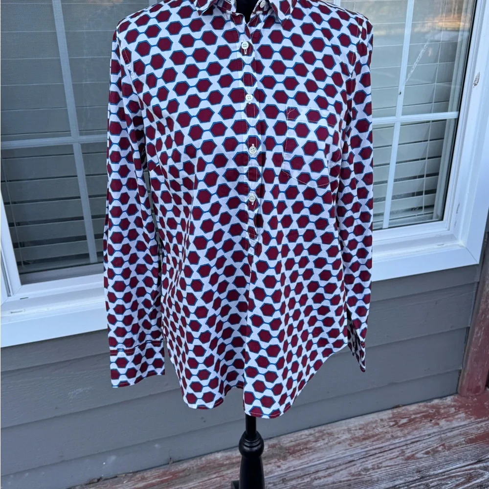J.Crew Women’s Cotton Shirt Maroon White Navy‎ Long Sleeve Pull Over Half Button
